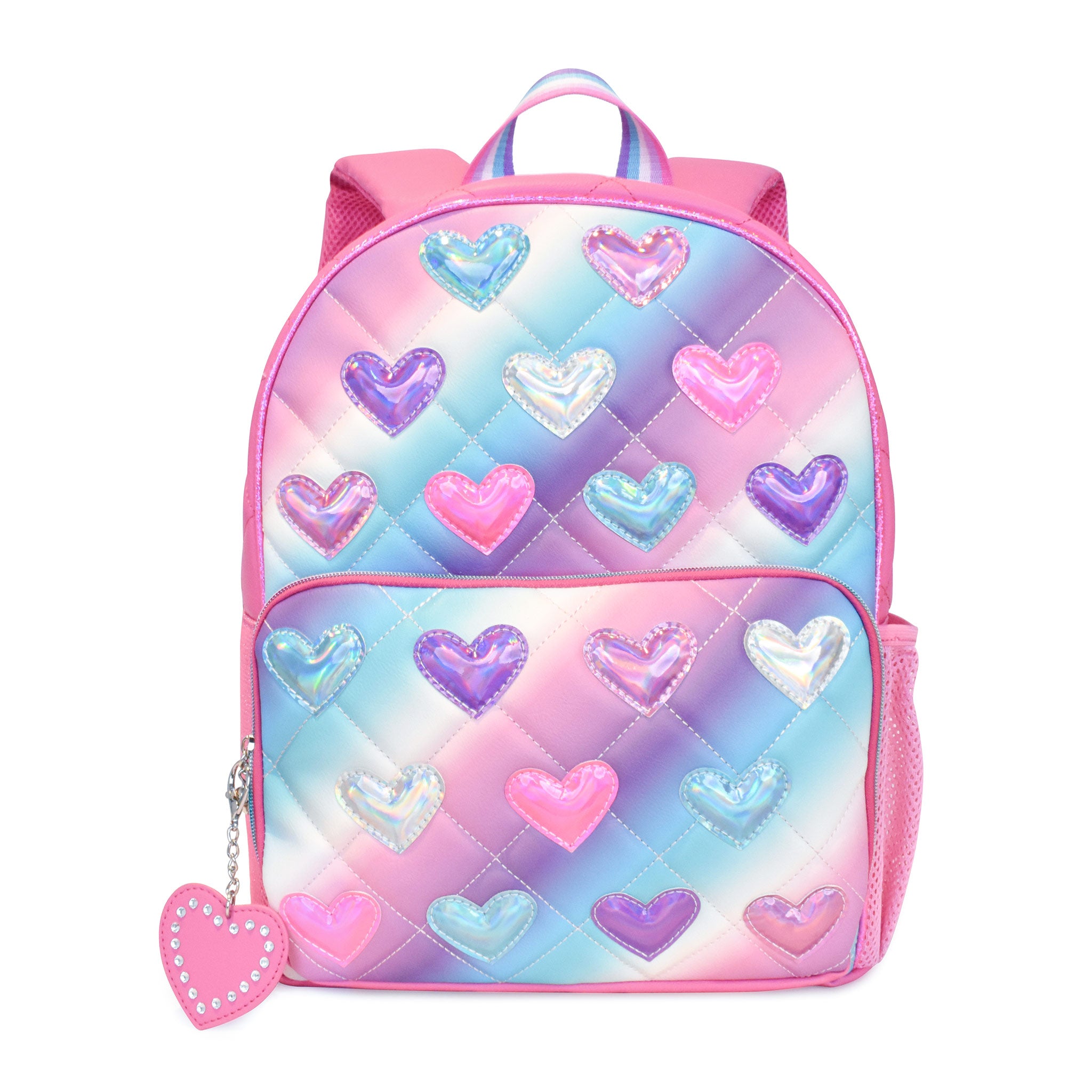 Front view of a cool-pastel ombre large backpack with metallic heart patches and a detachable heart keychain