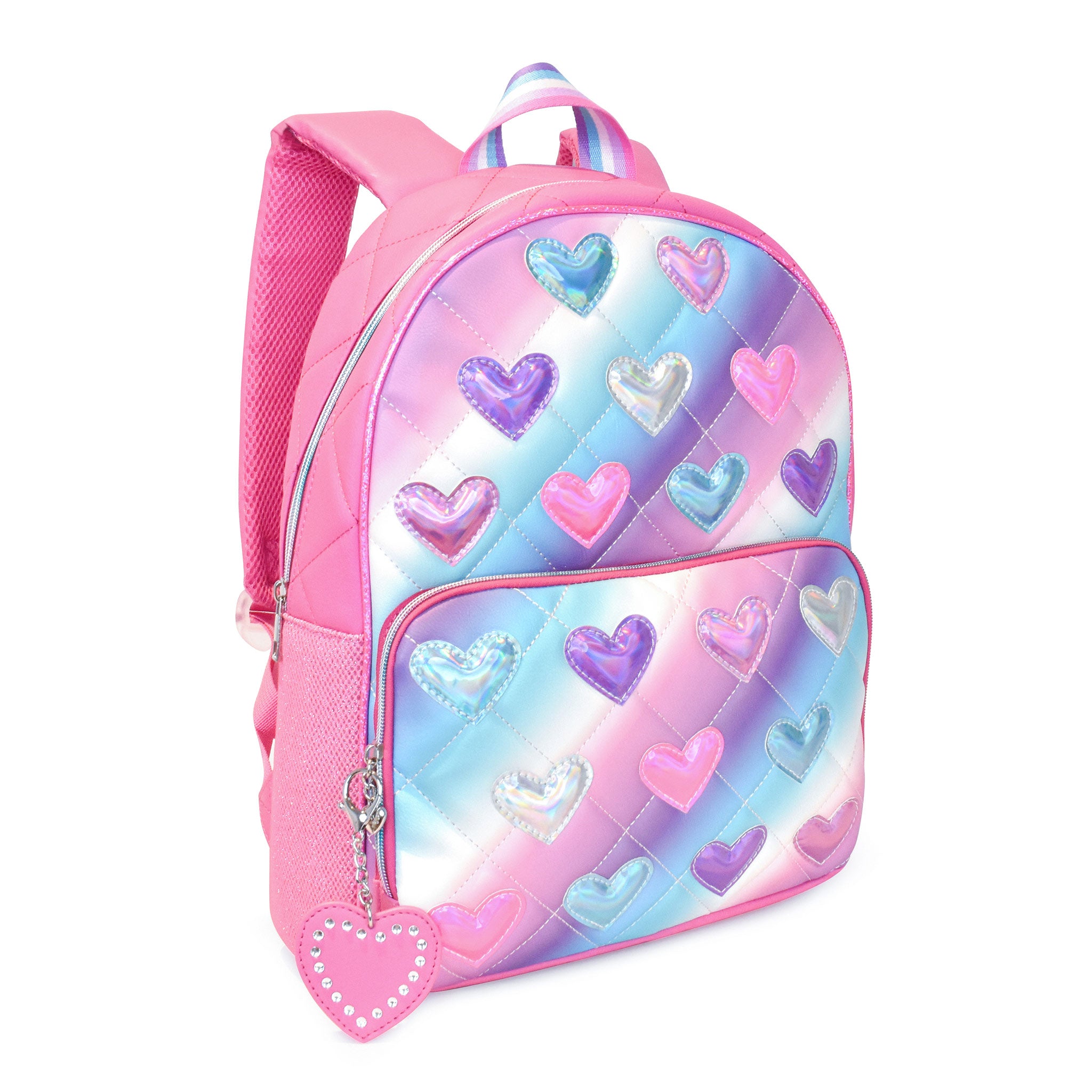 Side  view of a cool-pastel ombre large backpack with metallic heart patches and a detachable heart keychain