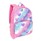 Side  view of a cool-pastel ombre large backpack with metallic heart patches and a detachable heart keychain