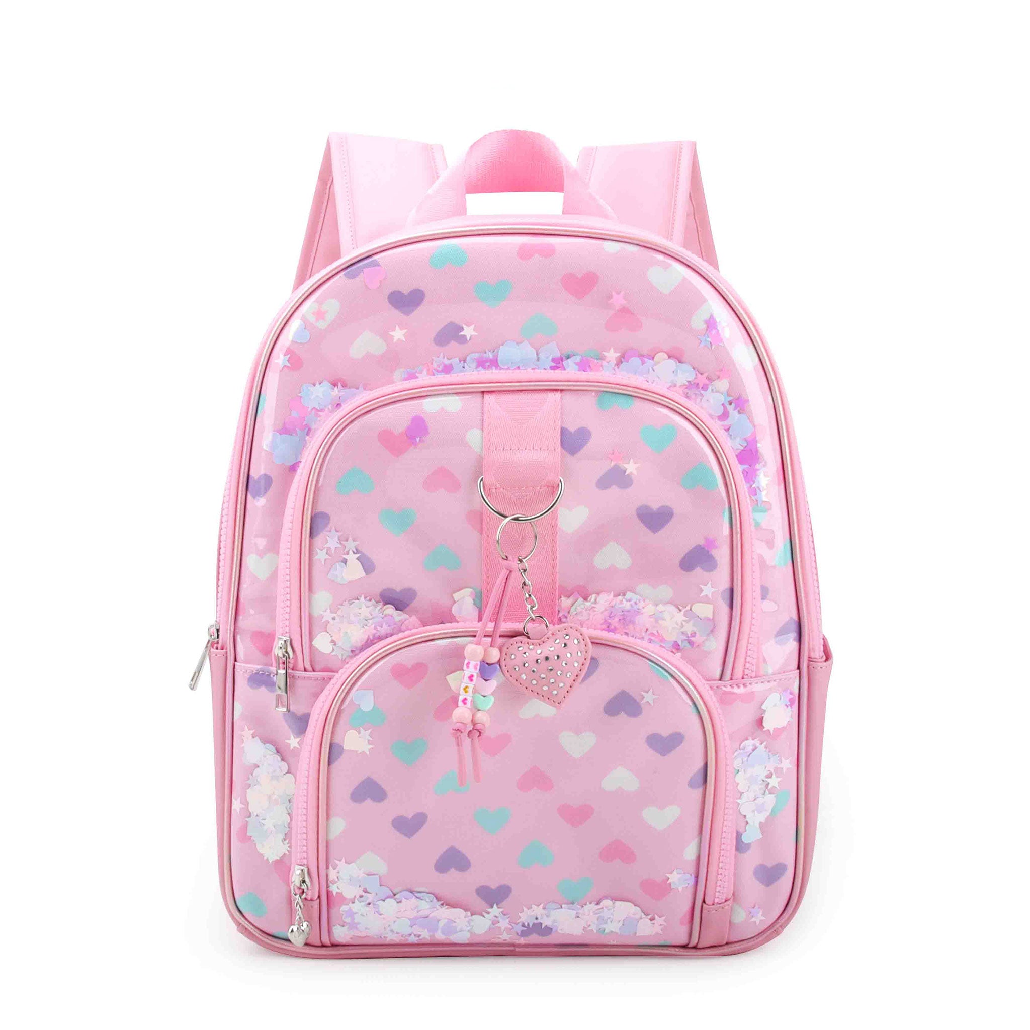 front facing view of a large pink/pastel hearts vinyl backpack with two front zipper closure pockets, heart and bead charms, and loose confetti