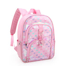 side view of a large pink/pastel hearts vinyl backpack with two front zipper closure pockets, heart and bead charms, and loose confetti