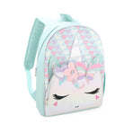 side view of a large light blue backpack with glitter hearts and a unicorn character front zipper pocket 