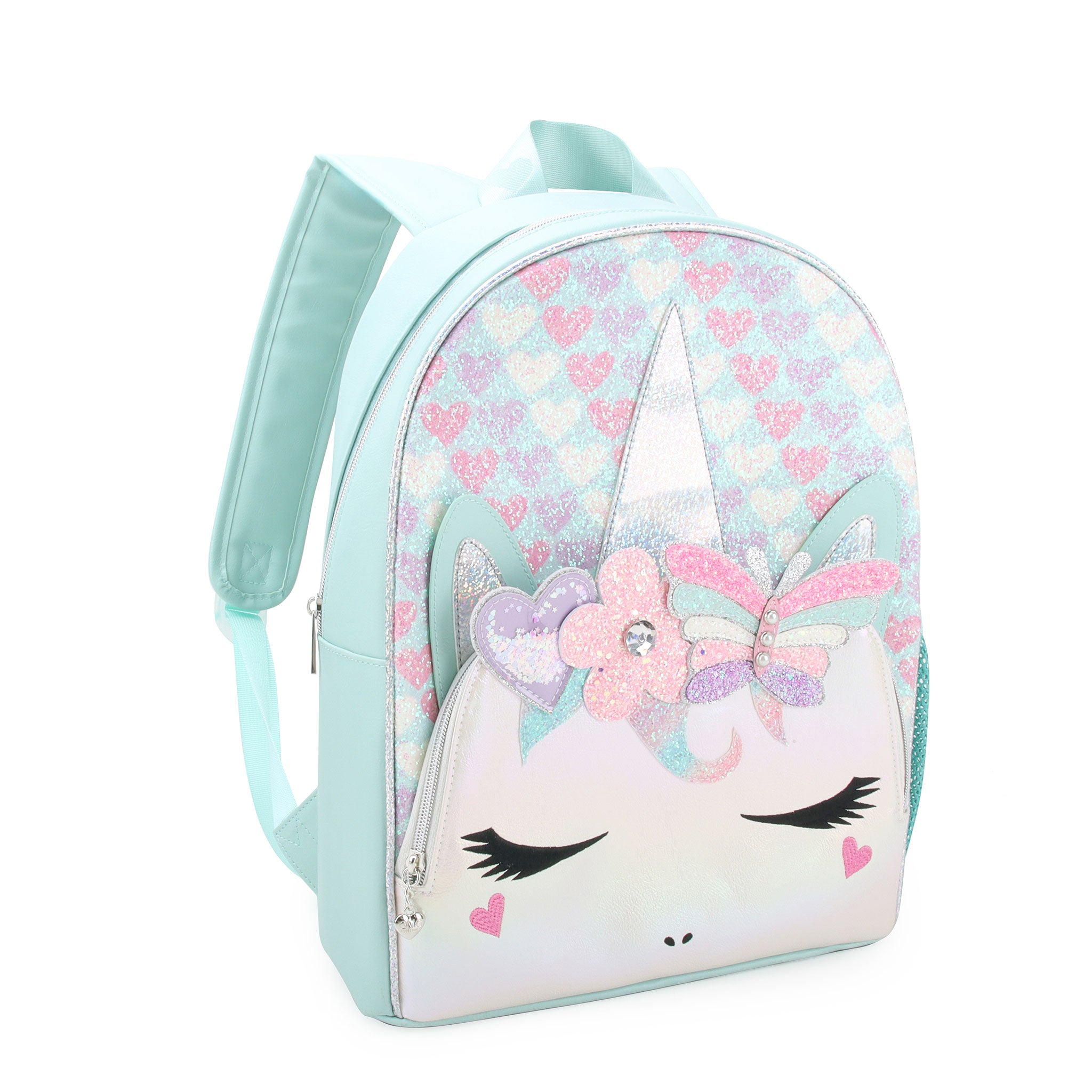 side view of a large light blue backpack with glitter hearts and a unicorn character front zipper pocket 