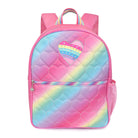 Front view of a rainbow ombre heart-quilted large backpack with a rhinestone heart applique.