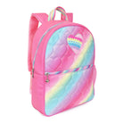 Side view of a rainbow ombre heart-quilted large backpack with a rhinestone heart applique.