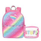 Front view of a rainbow ombre heart-quilted large backpack with a rhinestone heart applique and a clear pencil case with glitter bubble letters 'STUFF'