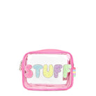 Front view of a clear pencil case with bubble letters 'STUFF' applique