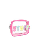 Side view of a clear pencil case with glitter bubble letters 'STUFF' 