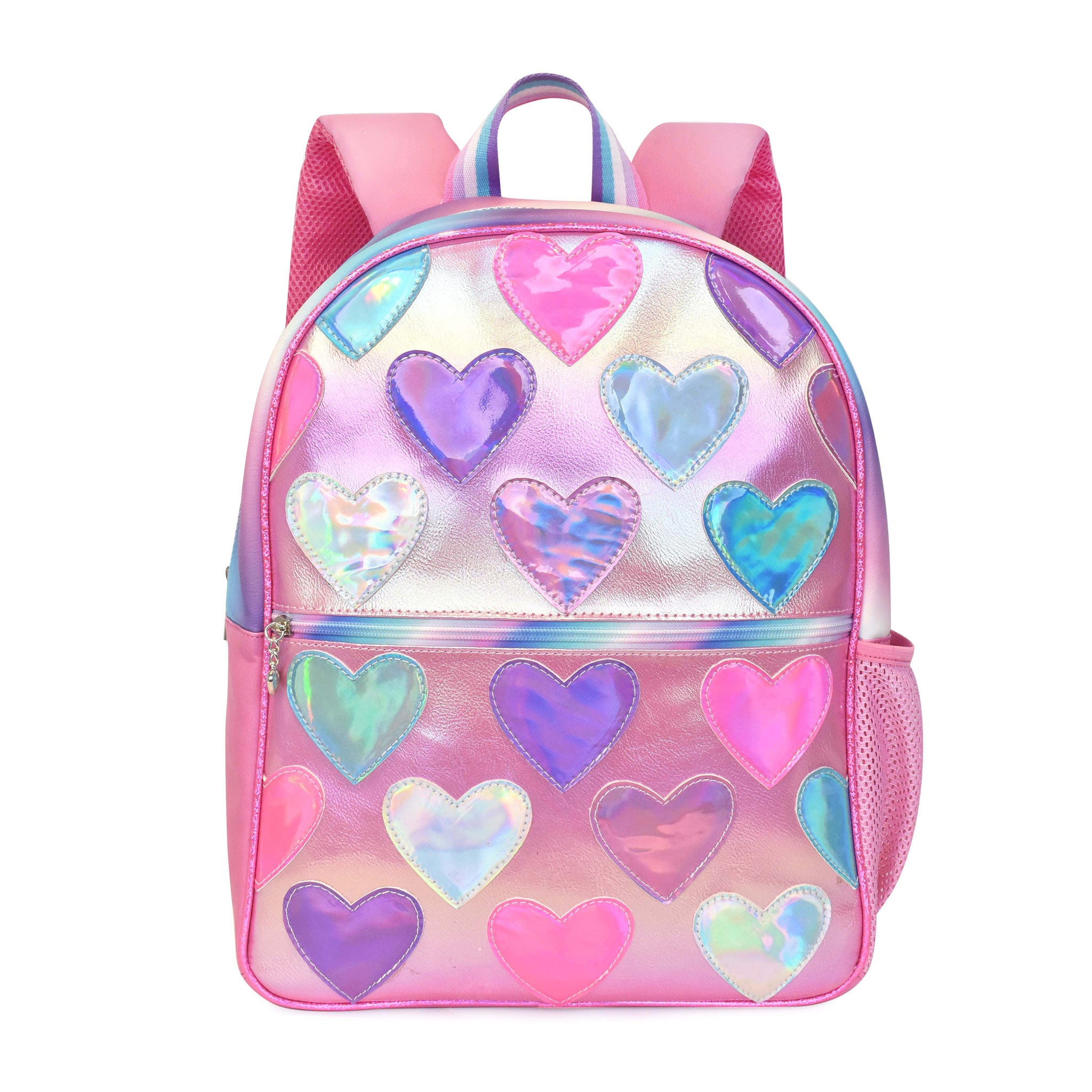 Front view of a metallic heart-patched large backpack
