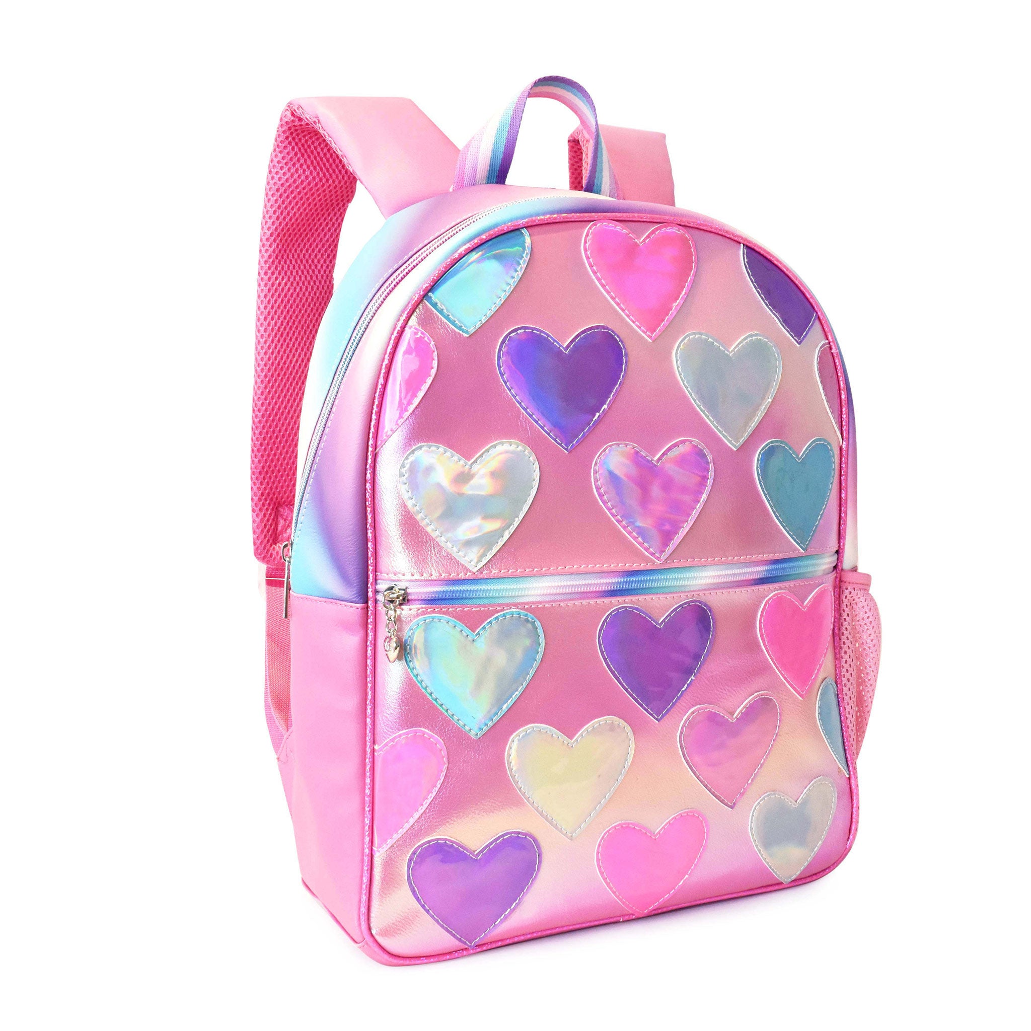 Side view of a metallic heart-patched large backpack
