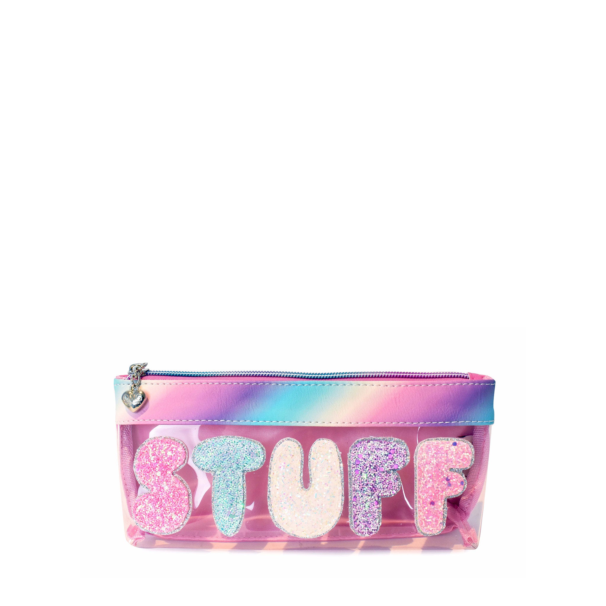 Front view of a clear pencil pouch with glitter bubble letters 'STUFF' applique 