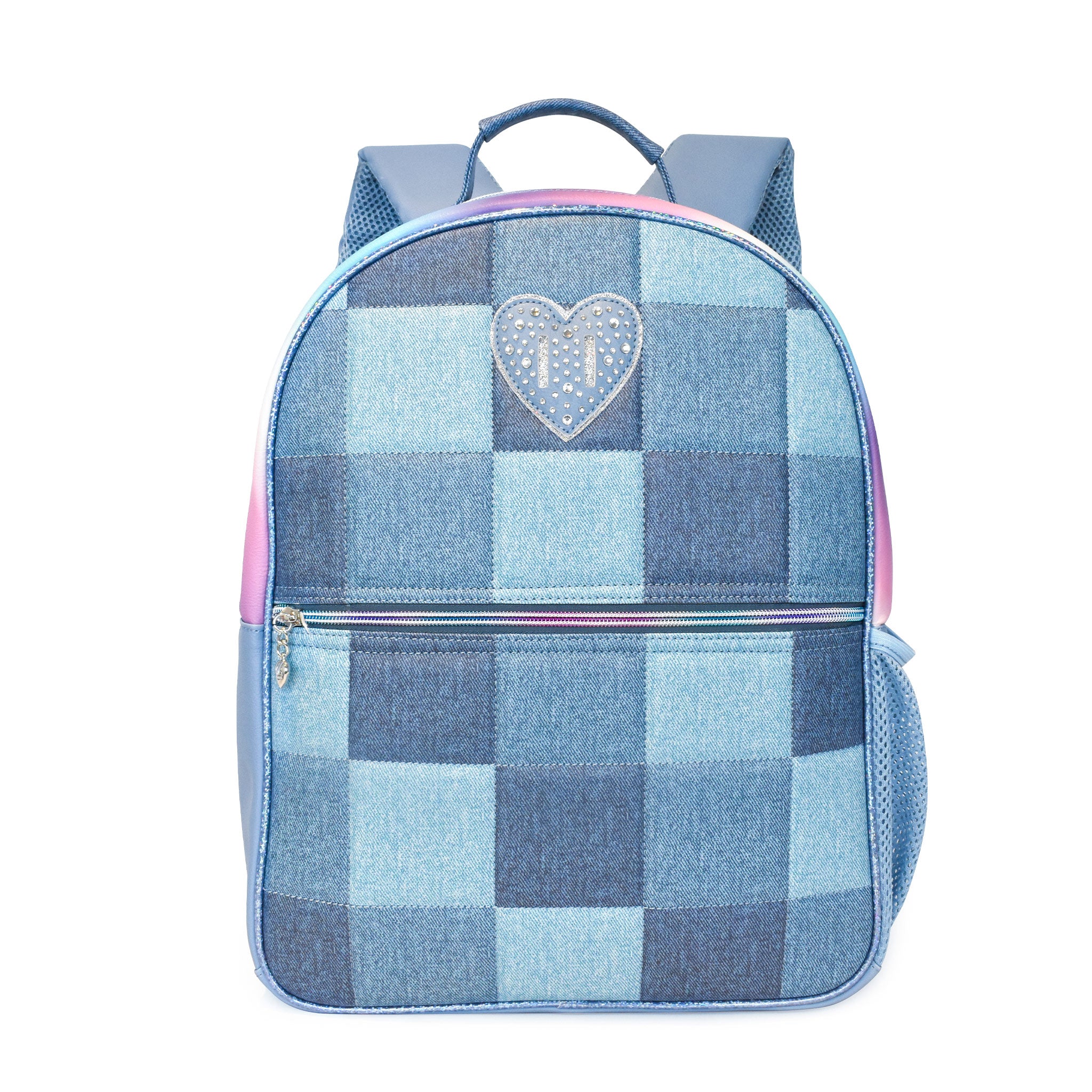 Front view of a denim checkerboard large backpack with rhinestone heart patch