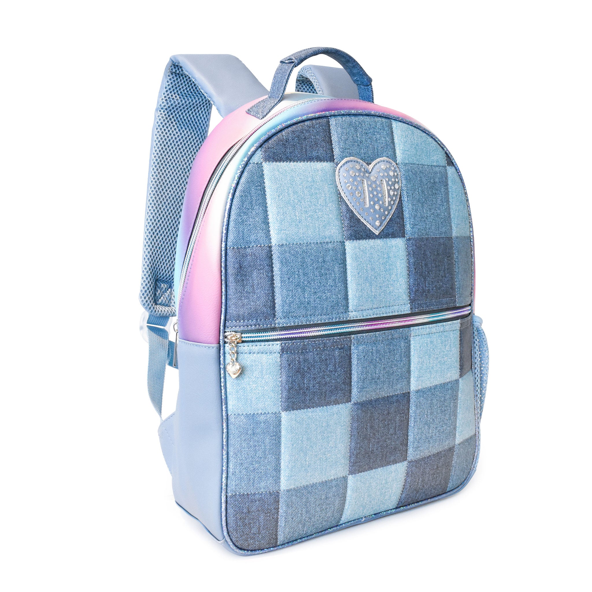 Side view of a denim checkerboard large backpack with rhinestone heart patch