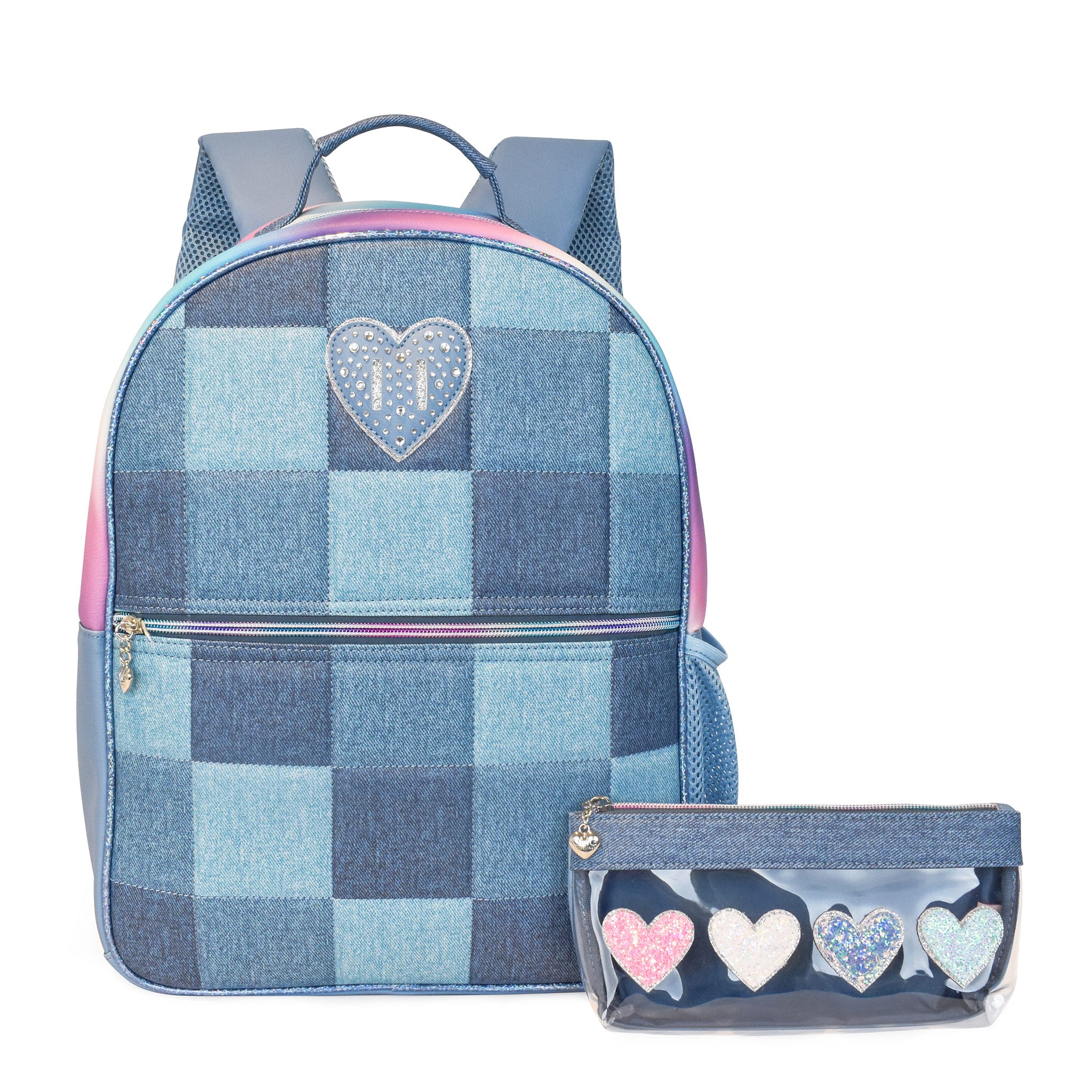Front view of a denim checkerboard large backpack with rhinestone heart patch and glitter hearts clear pencil pouch