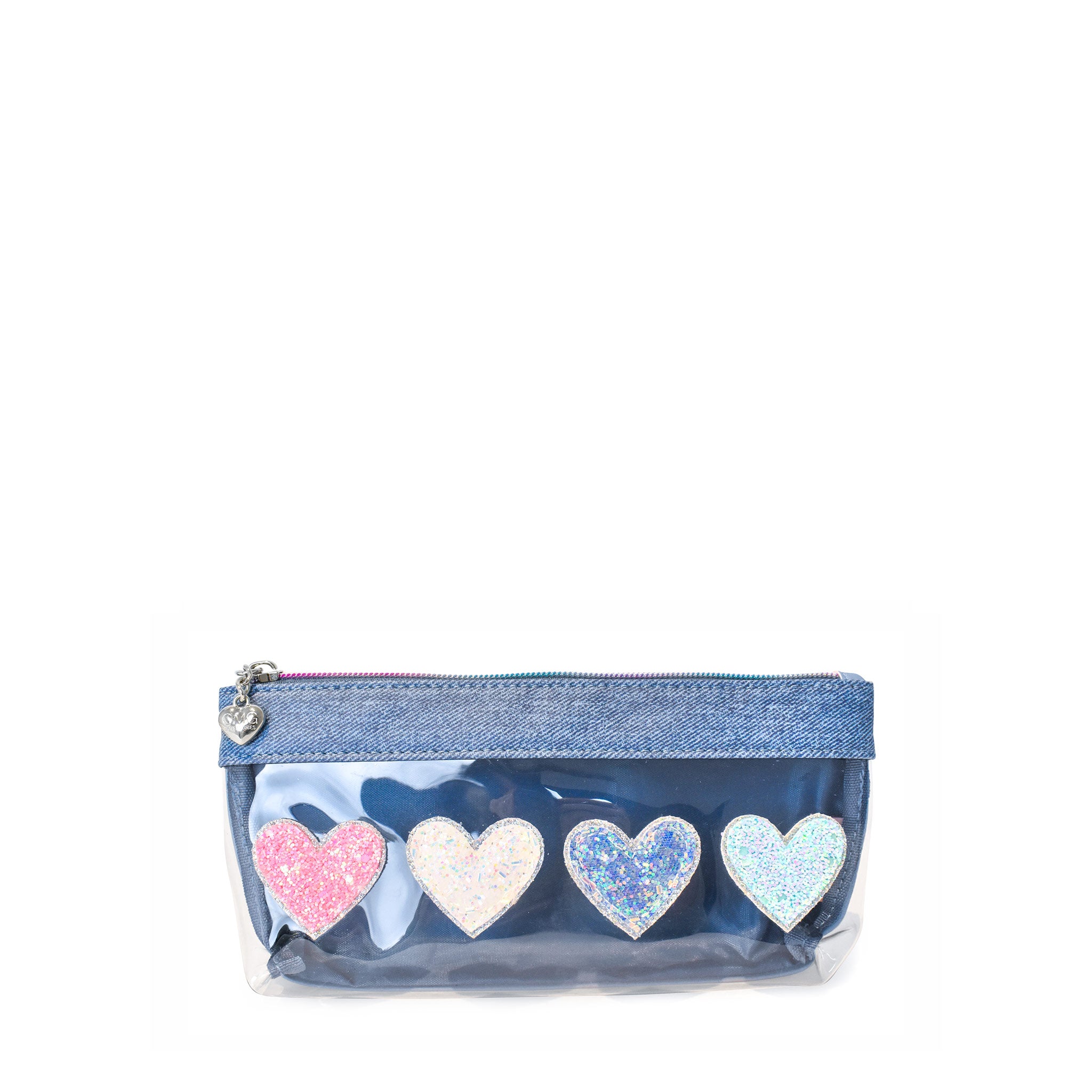 Front view of a clear glitter heart-patched pencil pouch