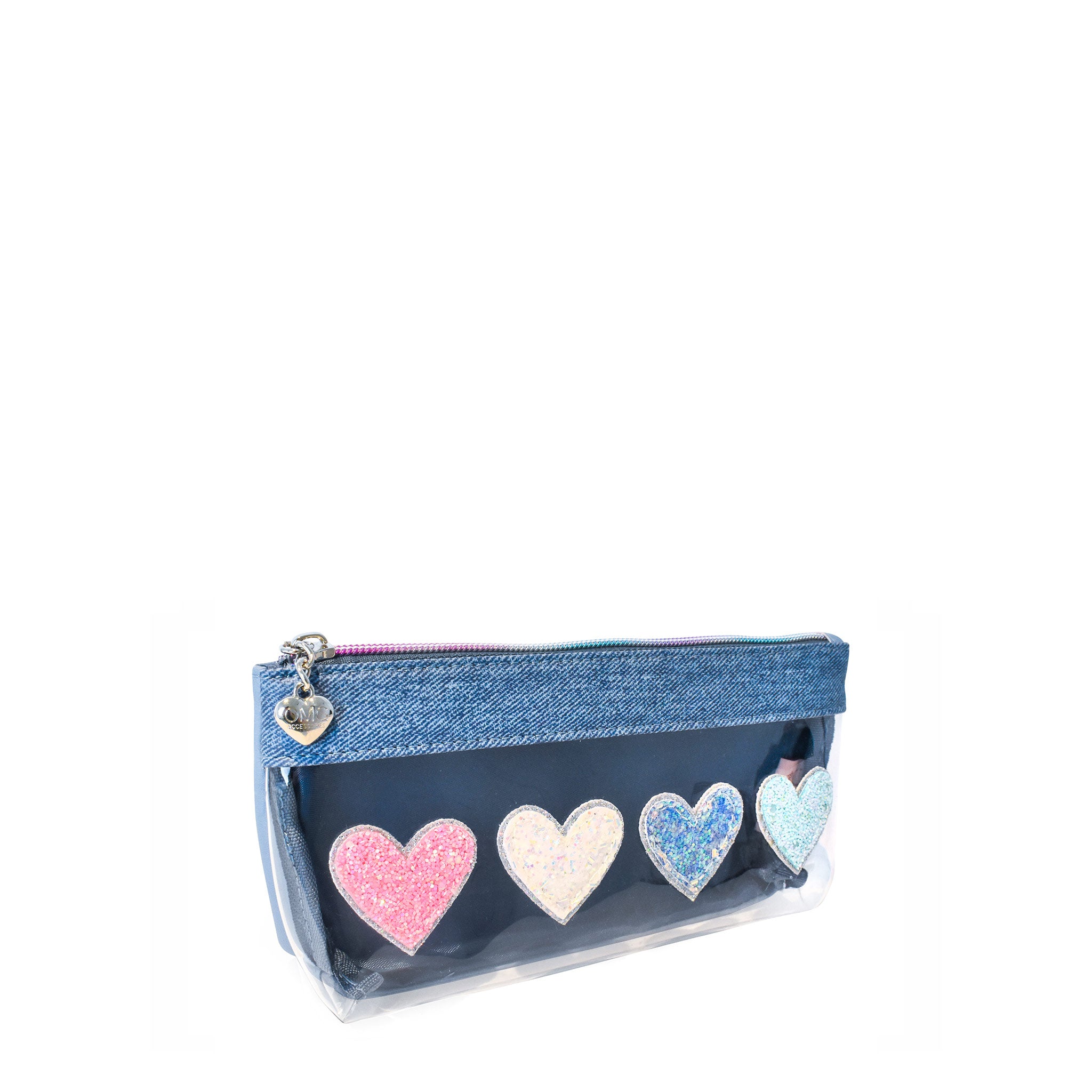Side view of a clear glitter heart-patched pencil pouch