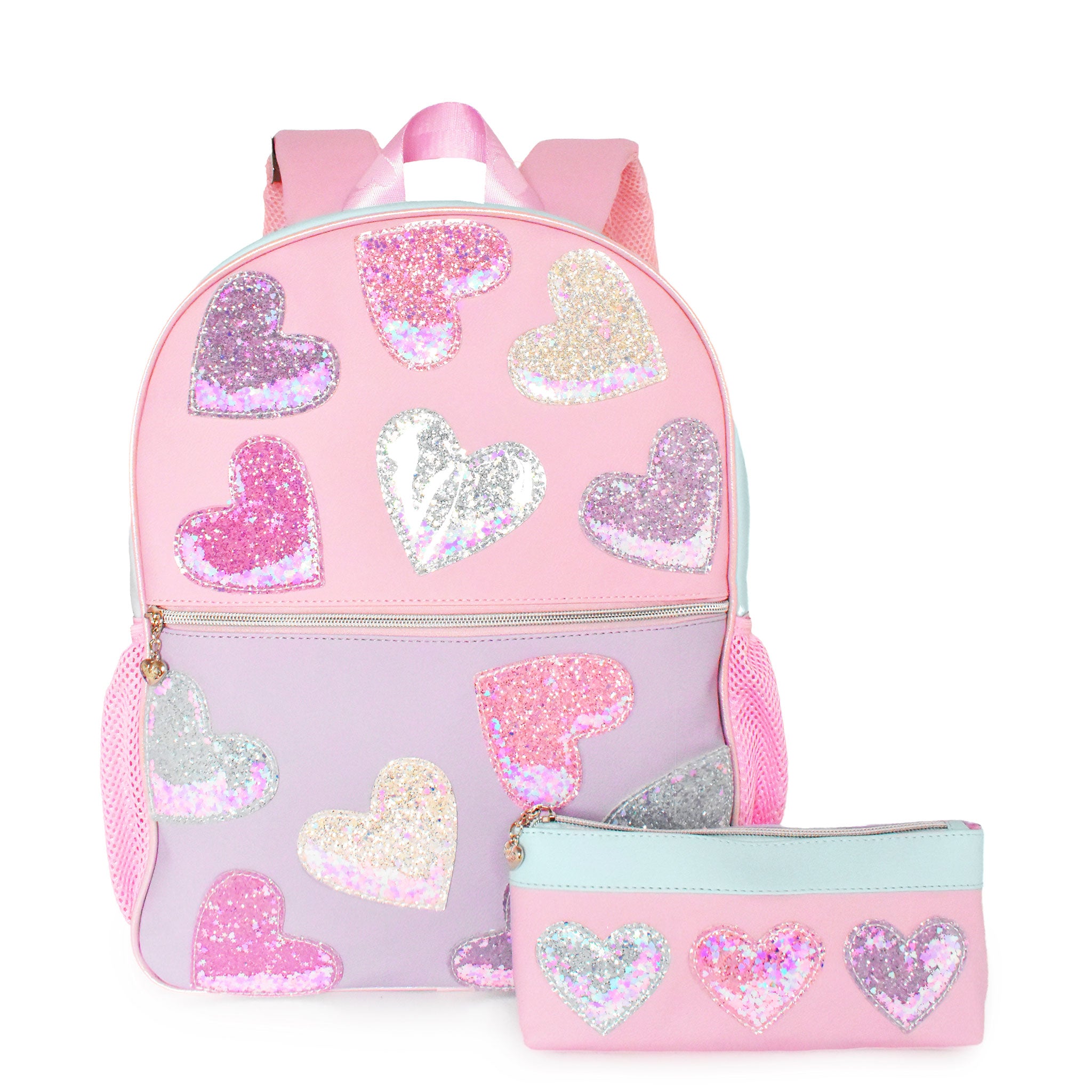 Confetti Heart Patched Color Block Large Backpack with Pencil Case