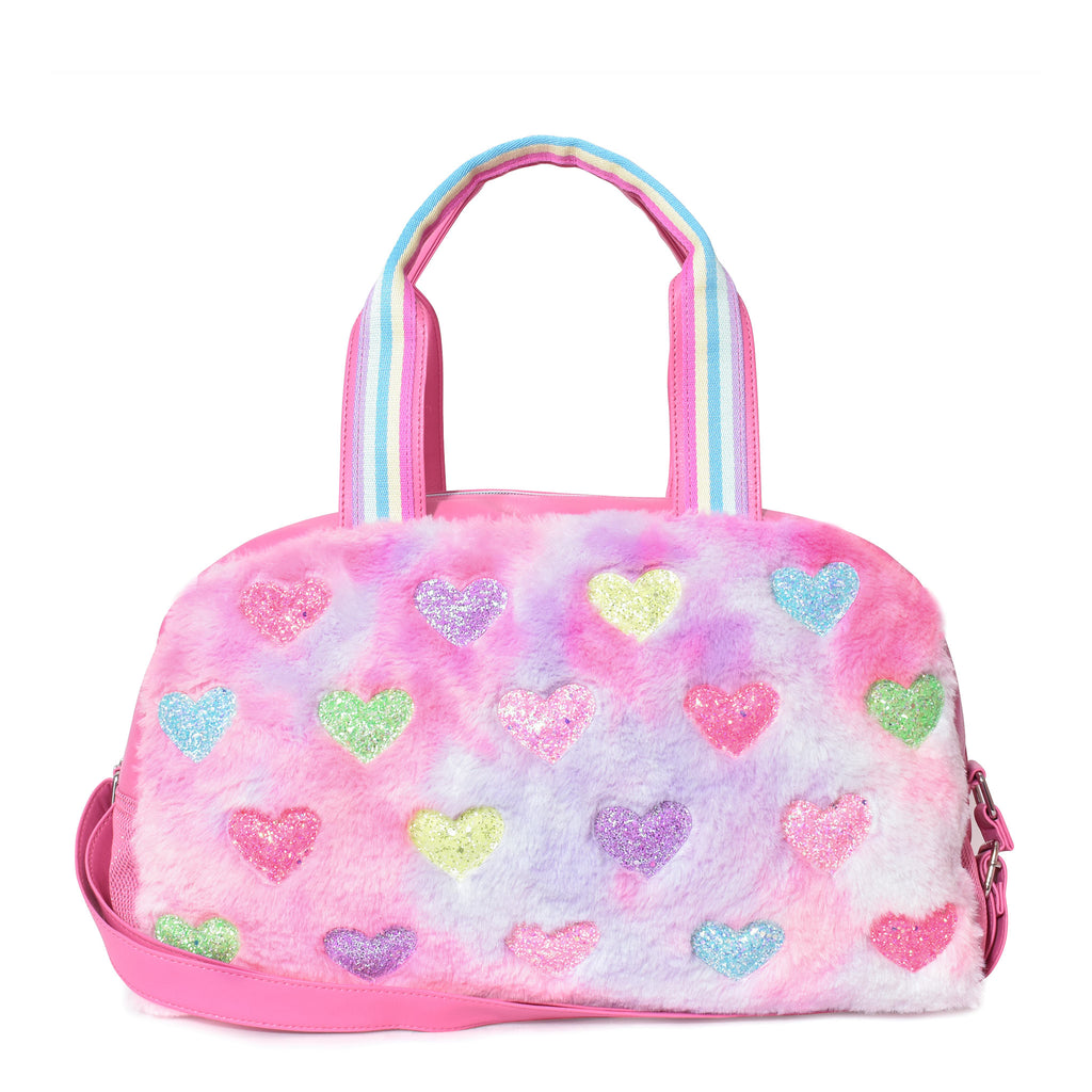 Front View of a Pink Tie Dye Plush Duffle Bag with Glitter Rainbow Hearts