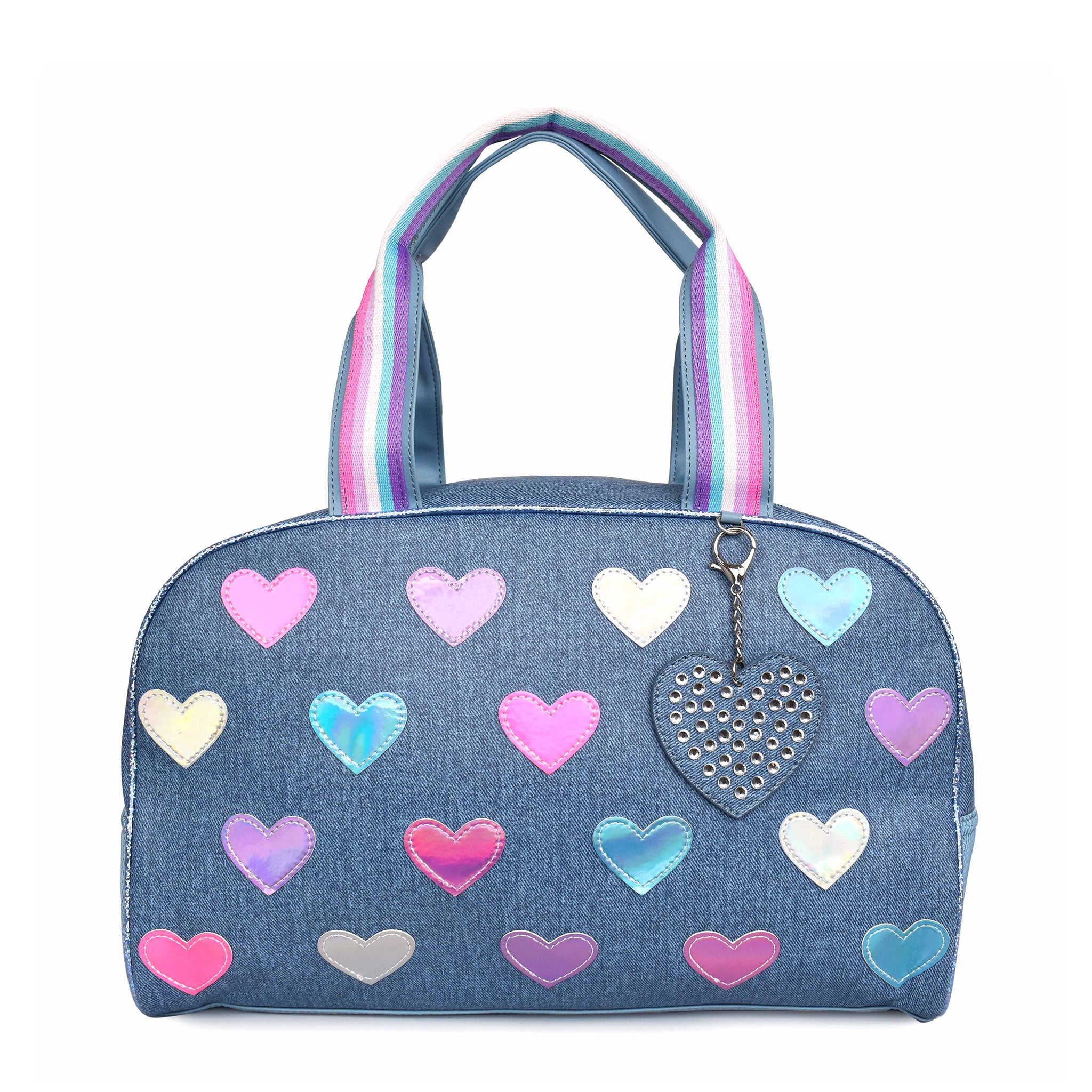 Front view of denim-printed medium duffle bag with reflective heart patches and heart-shaped keychain