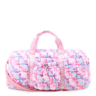 front view of a pink heart-printed nylon quilted large duffle bag with a drawstring toggle front pocket