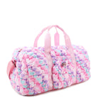 side view of a pink heart-printed nylon quilted large duffle bag with a drawstring toggle front pocket