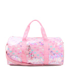 pink duffle bag with printed heart pattern and loose confetti. Includes a pink studded heart/beaded zipper pull on front zipper and an adjustable crossbody strap