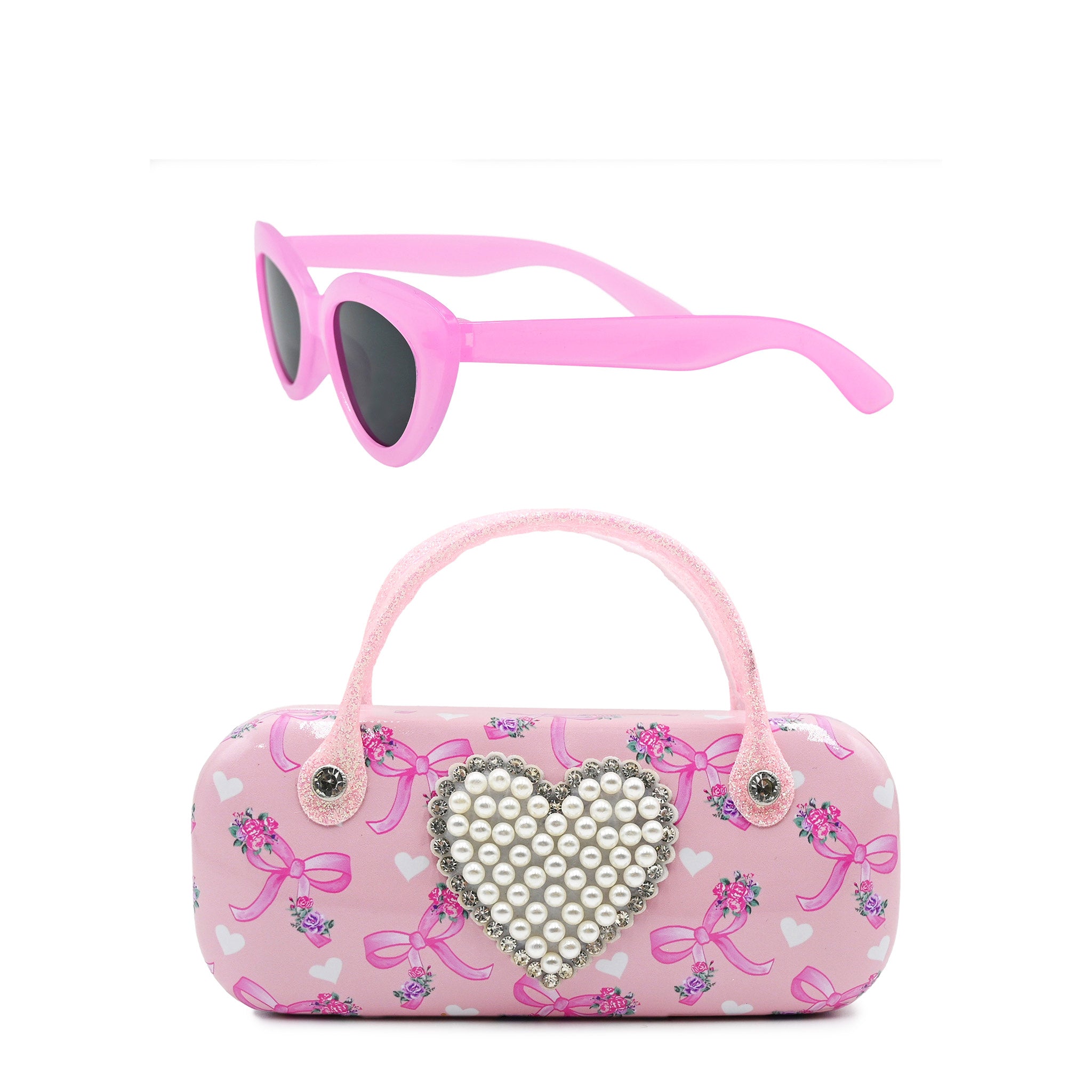 Pink sunglasses with a matching pink handbag featuring a heart design on a white background