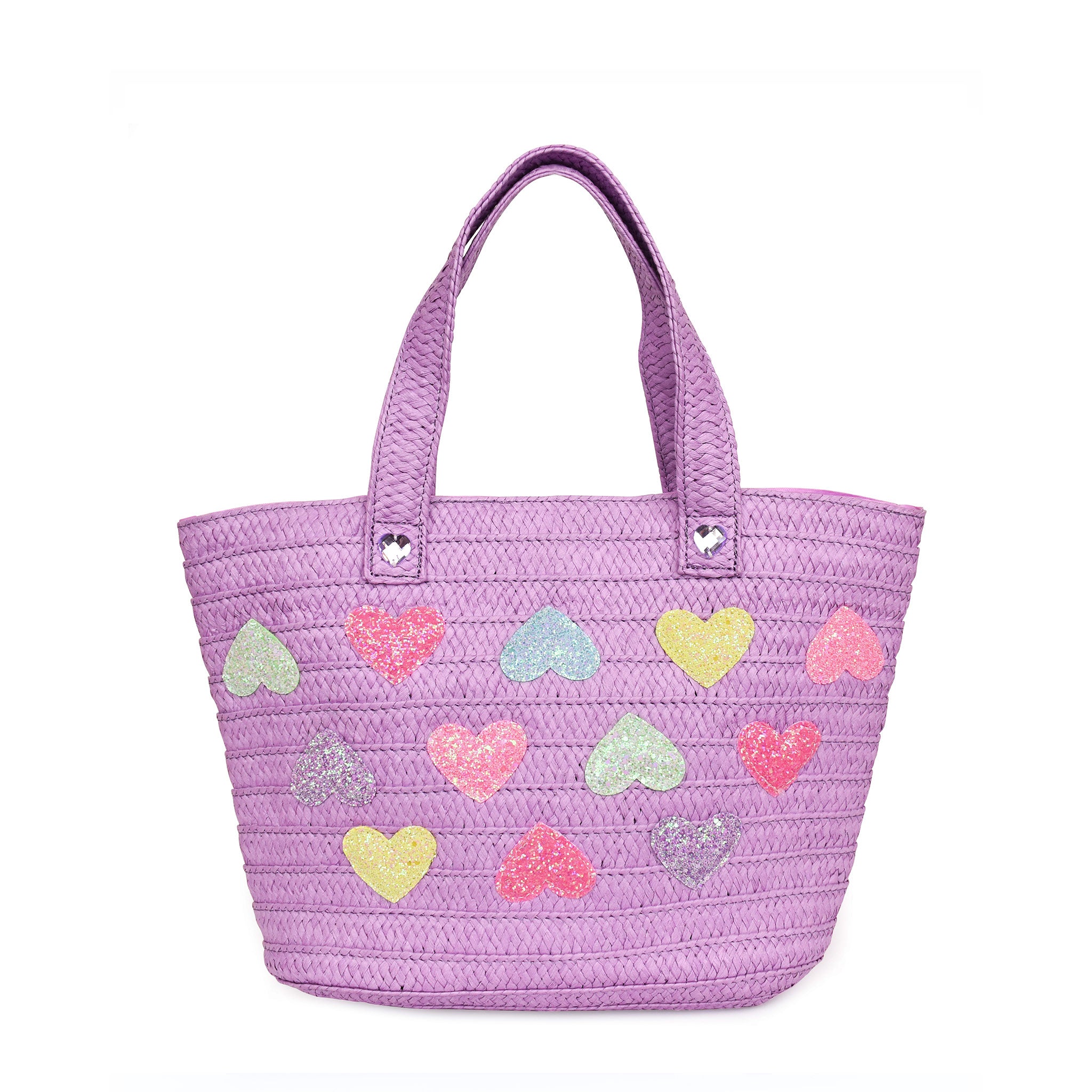 Front view of a large purple straw tote bag covered in glitter heart appliqués 
