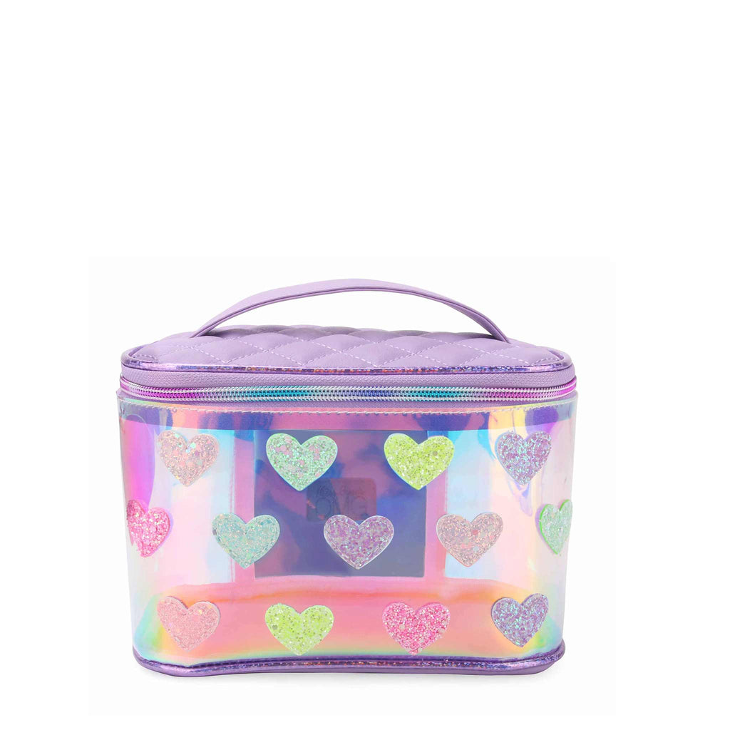 Front view of clear purple iridescent train case with glitter heart patches