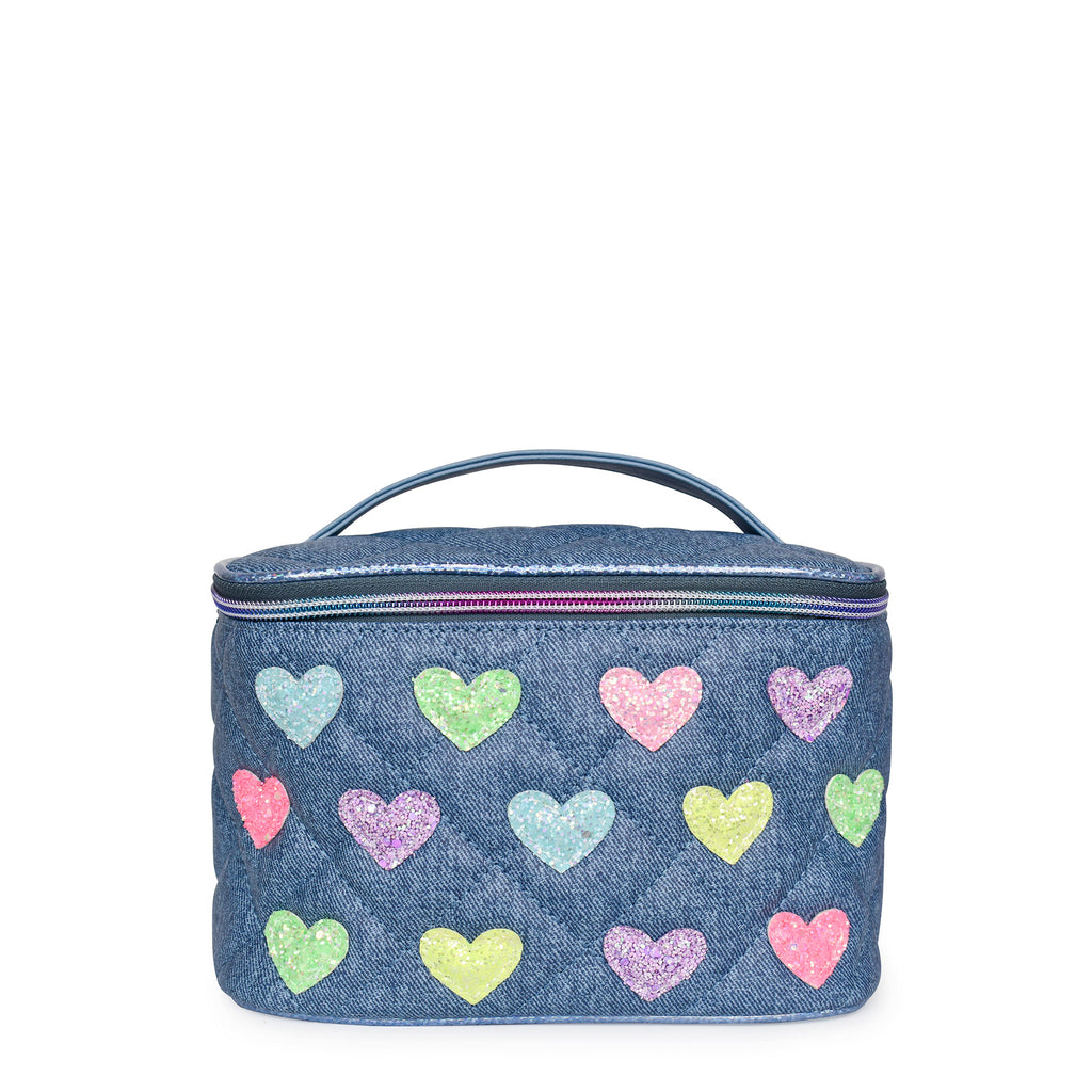 Front view of a denim quilted train case covered in glitter heart patches 