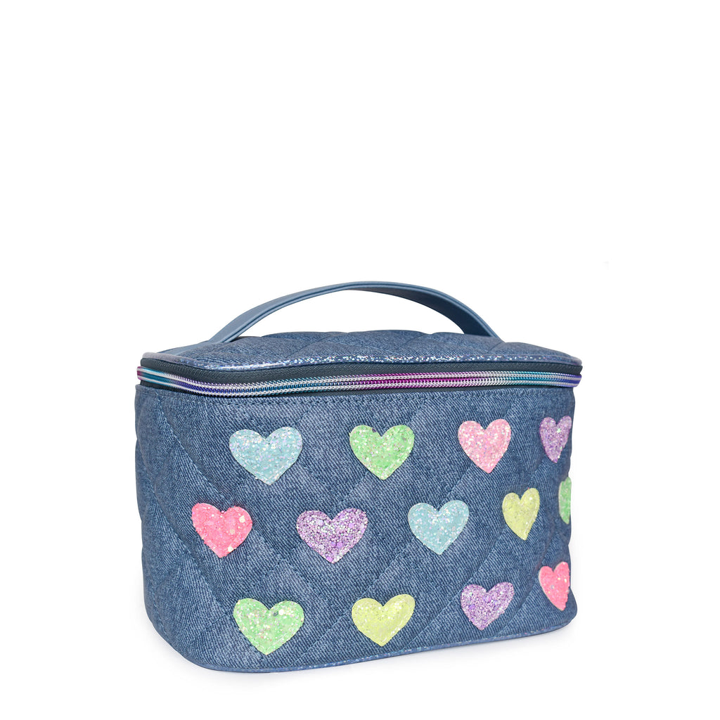 Side view of a denim quilted train case covered in glitter heart patches