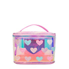 Front view of a glazed train case with glitter heart patches