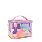 Side view of a glazed train case with glitter heart patches