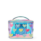 front view of a heart-patched blue glazed glam bag 