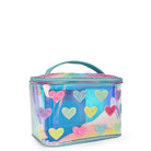 side view of a heart-patched blue glazed glam bag 