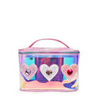 front view of a glazed clear glam bag with glitter gem heart appliqués 