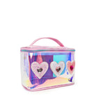 side  view of a glazed clear glam bag with glitter gem heart appliqués 