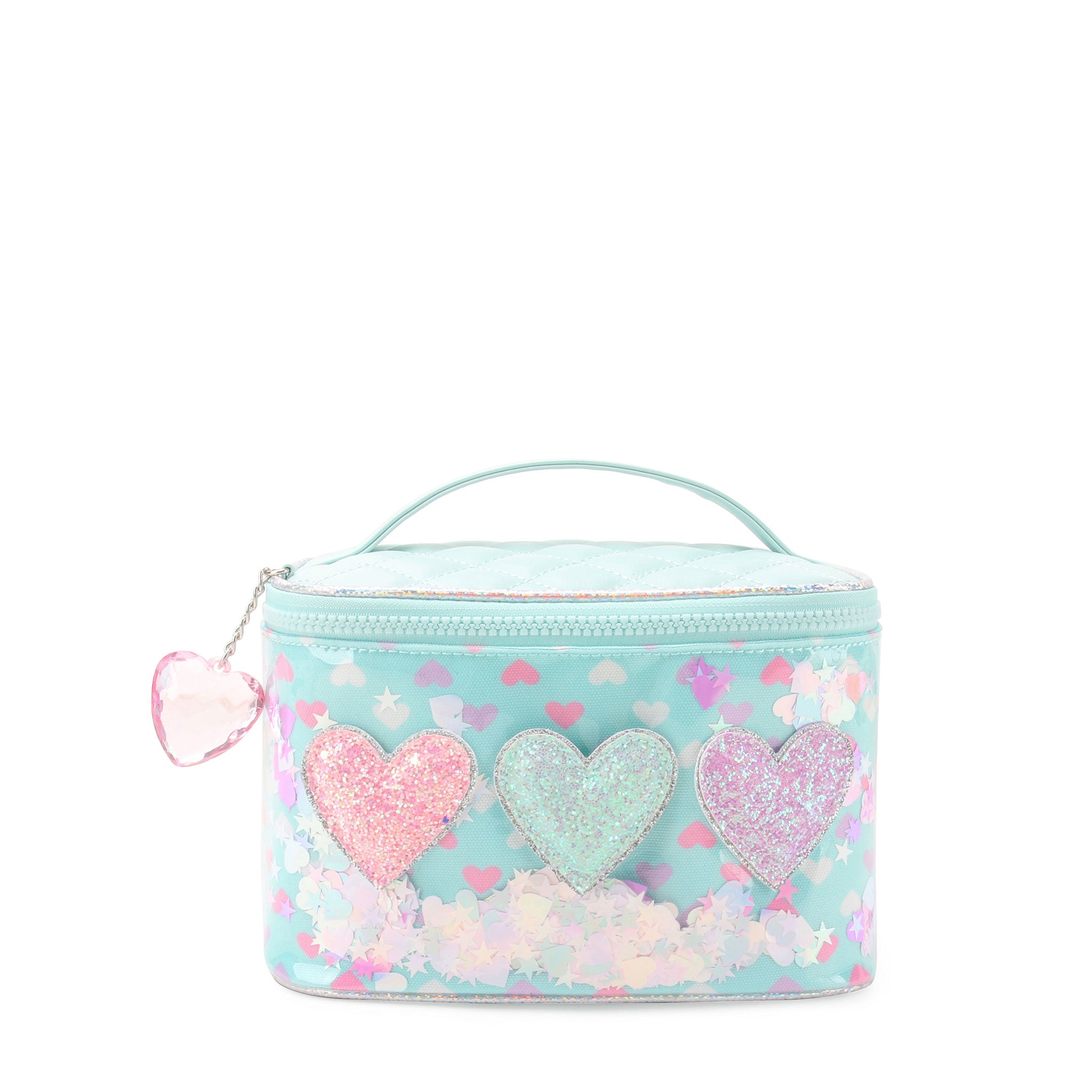 front facing view of a light blue vinyl round train case bag with top handle and heart charm. the bag is detailed with printed hearts, loose confetti, and glitter heart appliqués, and a pink crystal heart charm.