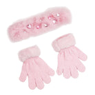 A pink knit and faux-fur accessory set on a white background, including a rectangular headband with rhinestone embellishments and a pair of knit gloves with fluffy trim.