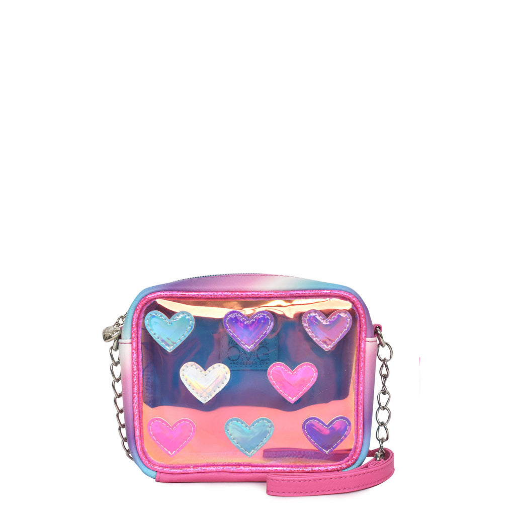 Front view of glazed clear crossbody covered in metallic heart patches