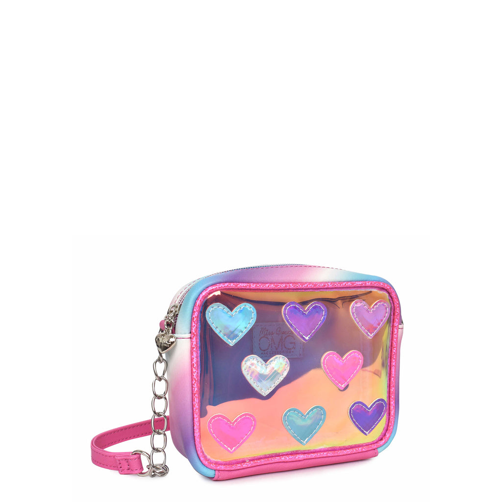 Side view of glazed clear crossbody covered in metallic heart patchesview of glazed clear crossbody covered in metallic heart patches