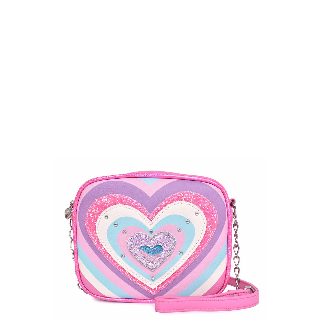Front view of a pink rayed heart square crossbody 