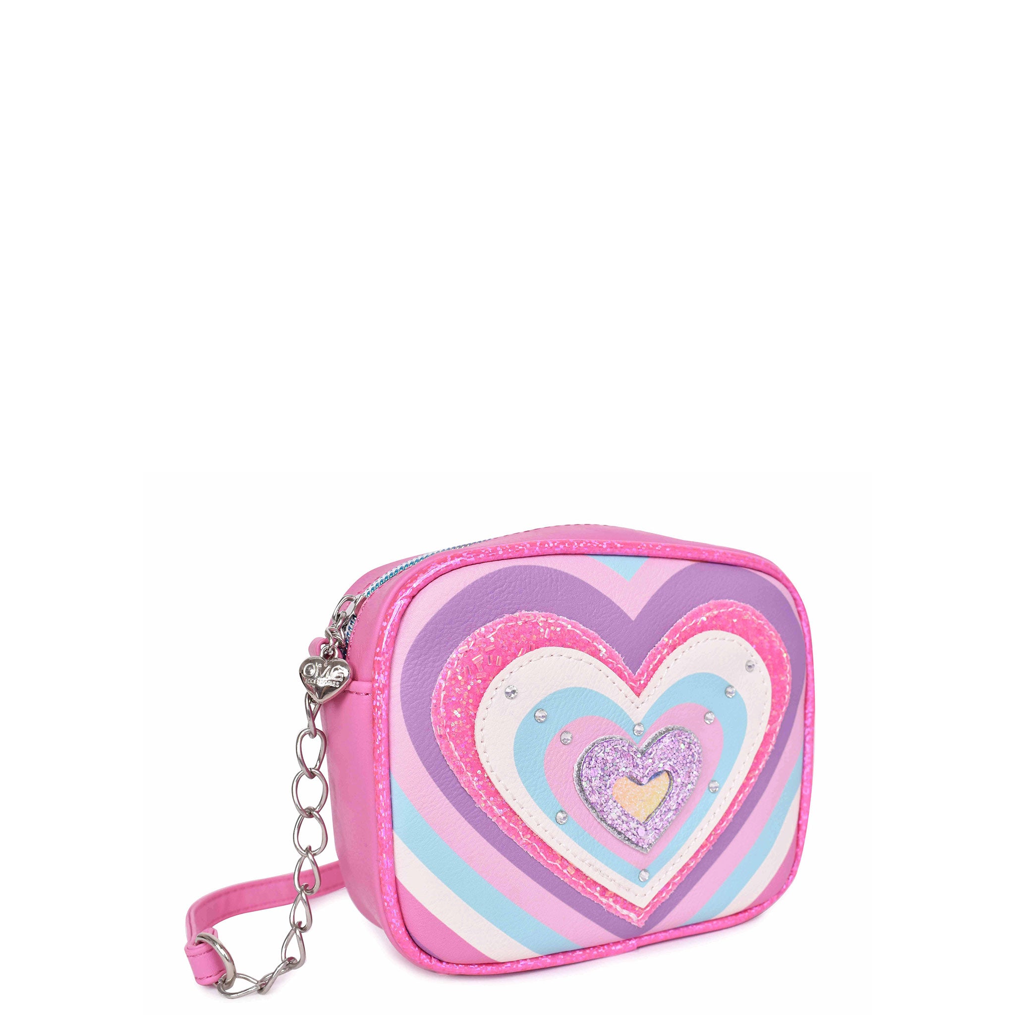 Side view of a pink rayed heart square crossbody