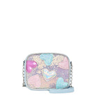 Front view of a blue sequin crossbody with glitter heart patches