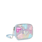 side view of a blue sequin crossbody with glitter heart patches