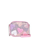 Front view of a sequin crossbody with glitter heart patches