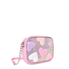 Side view of a sequin crossbody with glitter heart patches