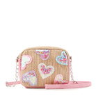 front view of a straw crossbody bag with confetti filled heart patches