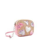 side view of a straw crossbody bag with confetti filled heart patches