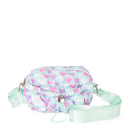 front view of a light aqua heart print nylon quilted mini crossbody bag with drawstring closure and a heart strap